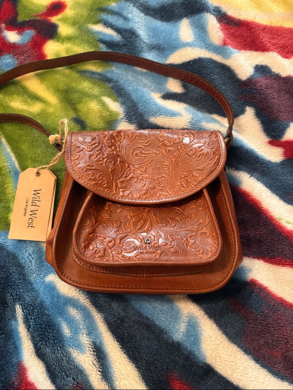 Wild West Los Angeles Embossed Brown Leather Crossbody Bag